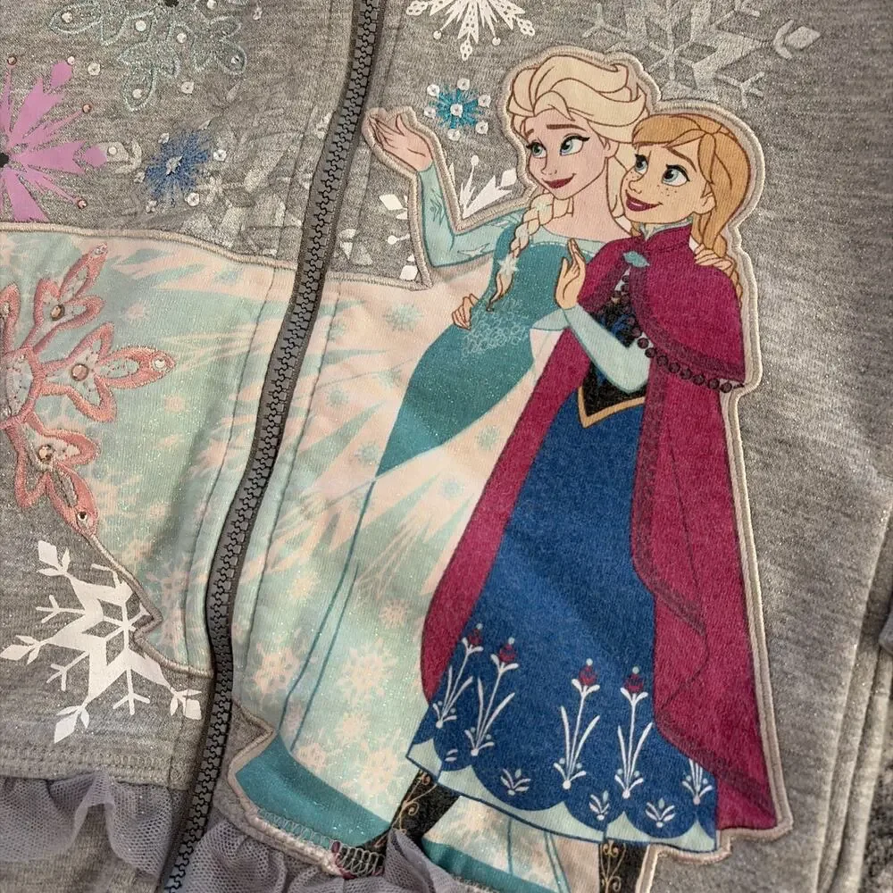 Disney Store Frozen Girls Sz 7/8 Hoodie Snowflakes Sweater‎ Glitter Rhinestones